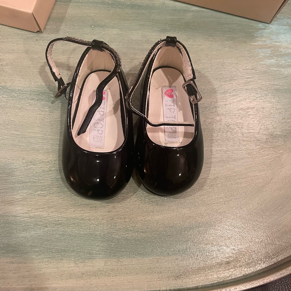 Size 2 Black Patent Leather rhinestone ankle strap shoes